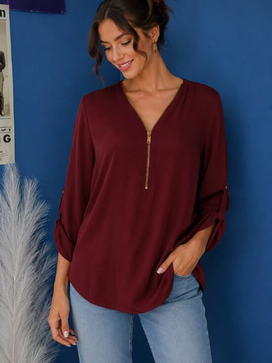 Rue21 Tops - Rue21 Burgundy Zip Front Blouse Women's Medium Roll Tab Sleeve Career Top